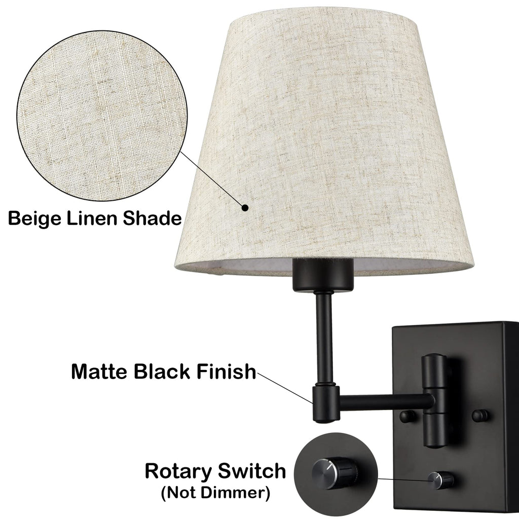 Swing Arm Wall Sconces Set of Two Modern Black Sconce Light Plug in Wall Sconce with Shade, Black Swing Arm Wall Lamp