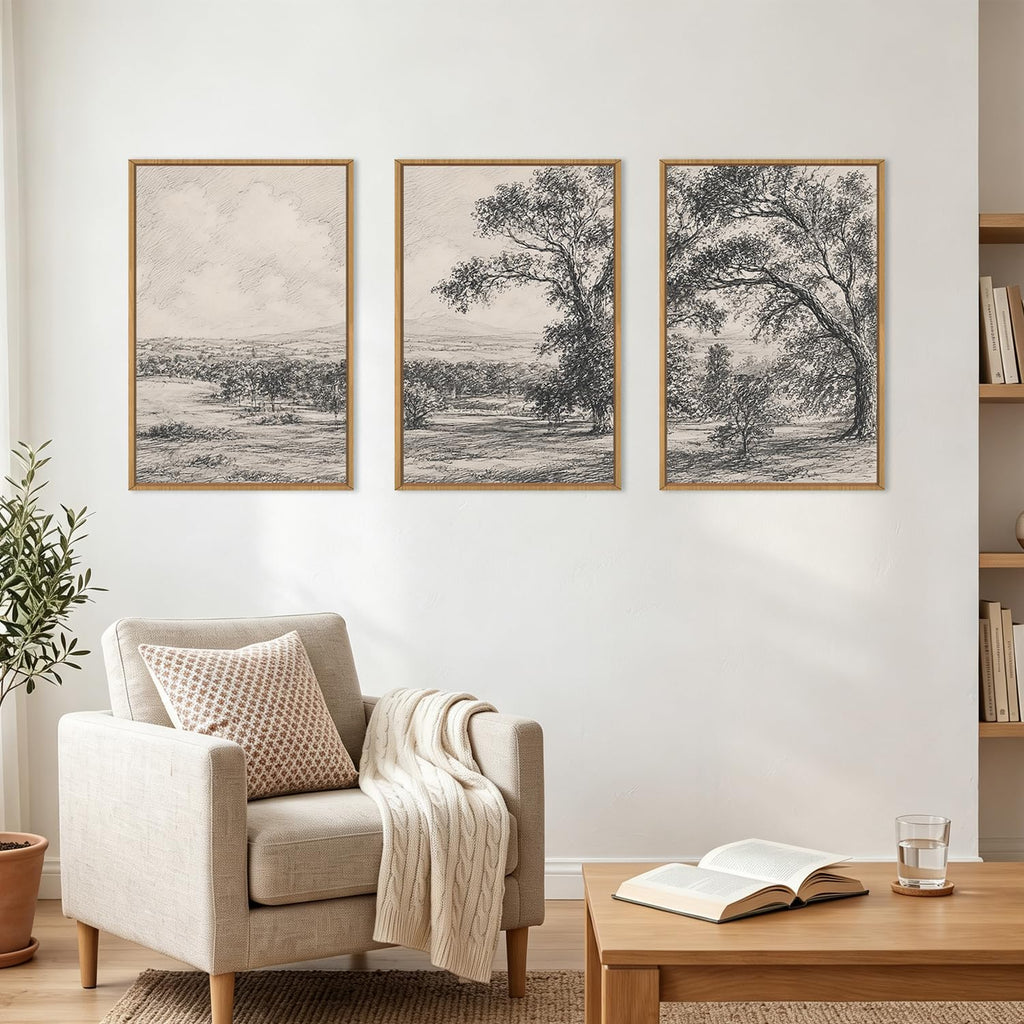 Large Neutral Tree Forest Sketch Framed Wall Art 16x24 Inch Vintage Grey Nature Landscape Canvas Artwork Rustic