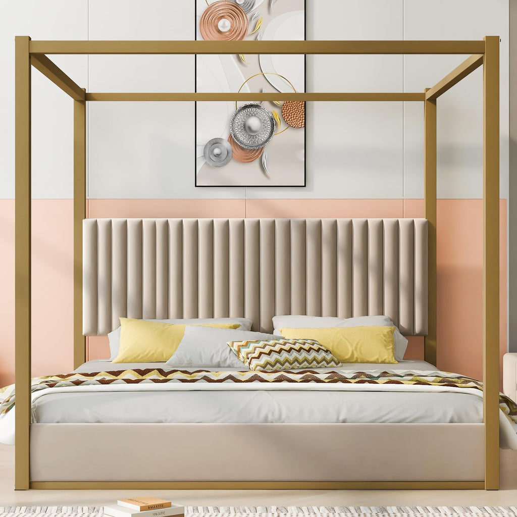 Modern 4-Poster Canopy Platform Bed King Size with Channel Upholstery Tufted Headboard, Gold Metal Canopied Design