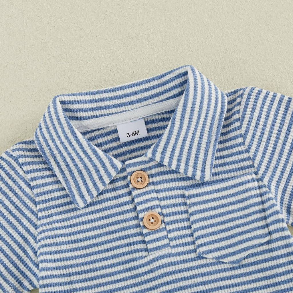 Newborn Baby Boy Summer Clothes Short Sleeve Top and Stripe Shorts Set 2 Piece Baby Boy Summer Waffle Outfit