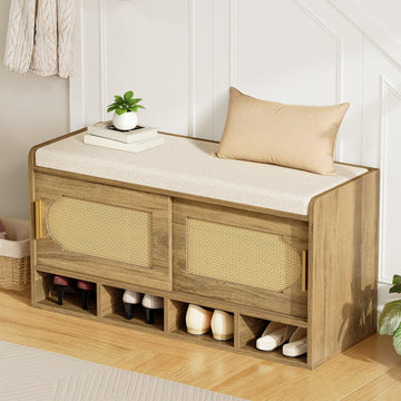 Shoe Storage Bench, 39.4" Entryway Bench with Linen Seat Cushion, 3-Tier Rattan-Style Shoe Cabinet Bench with Sliding