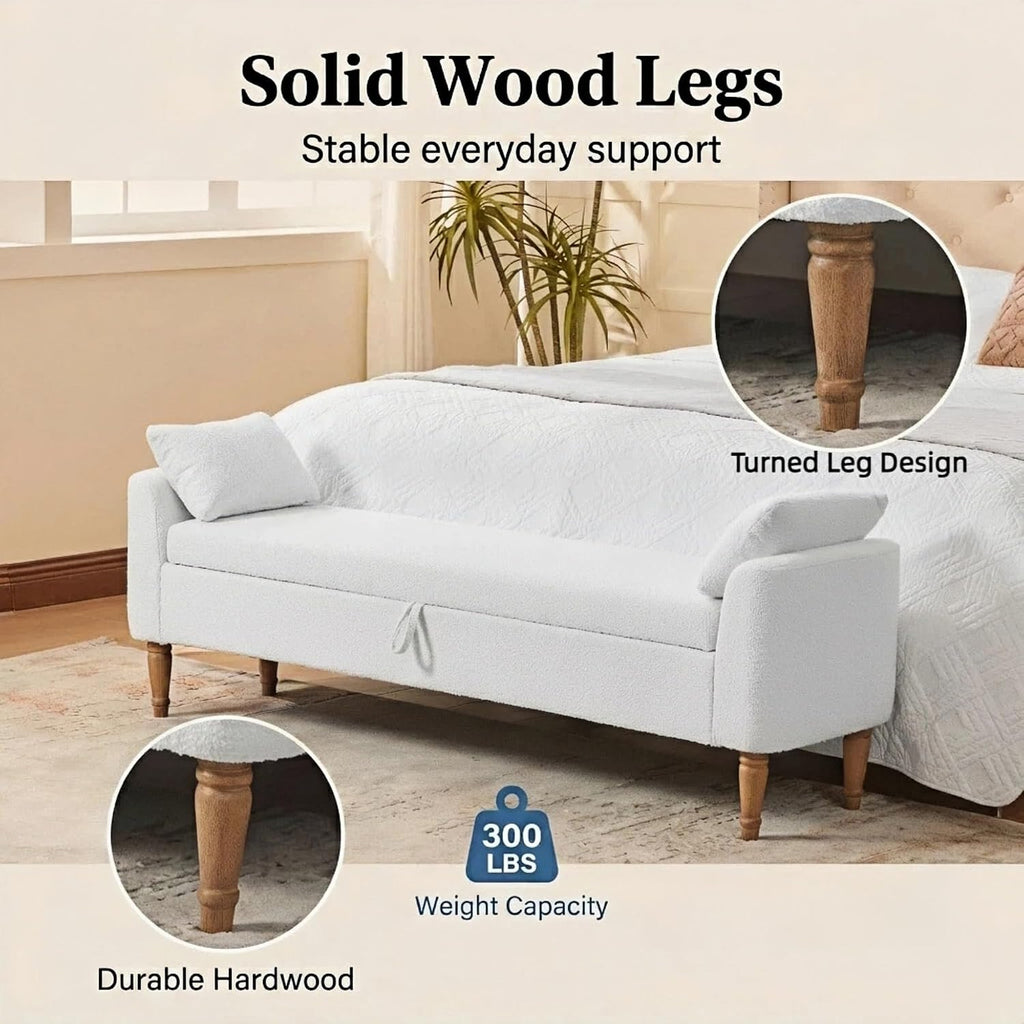 66" End of Bed Storage Bench with Arms, Boucle, Ivory | Flip-top Storage, Bench Daybed, 2 Bolster Pillows, Rubberwood