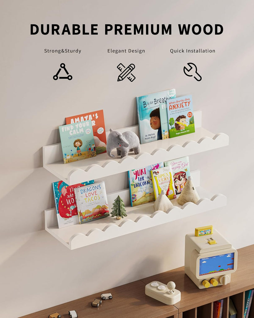 Nursery Book Shelves, Set of 3, Nursery Decor for Baby and Toddler, Scalloped Shelves, Book Shelf for Kids Rooms