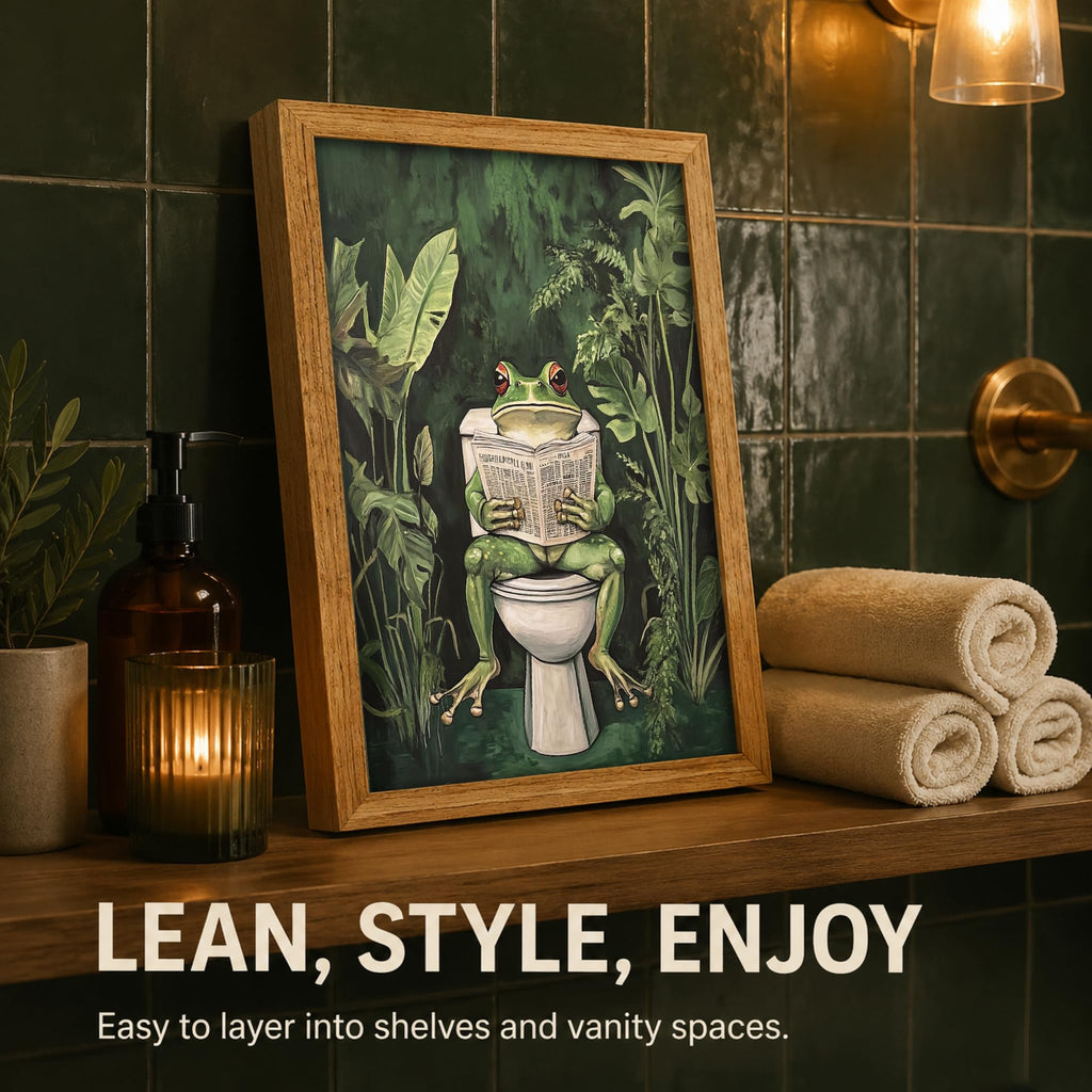 Funny Bathroom Canvas Wall Art Framed Frog on Toilet Reading Newspaper Wall Decor Tropical Green Plants Bathroom