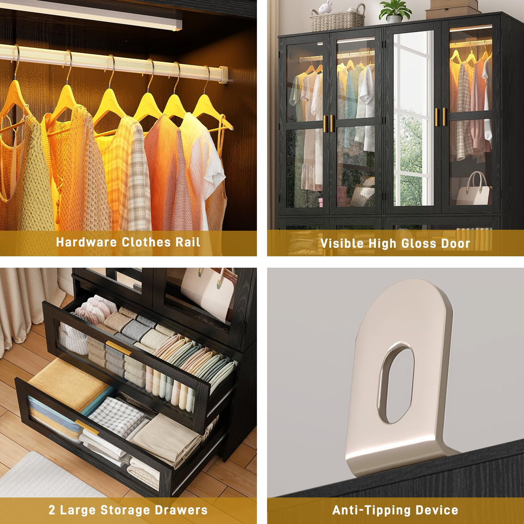 6 Doors Armoire Wardrobe Closet with LED and Mirror, 71" H Freestanding Wooden Wardrobe Closet Cabinet w 2