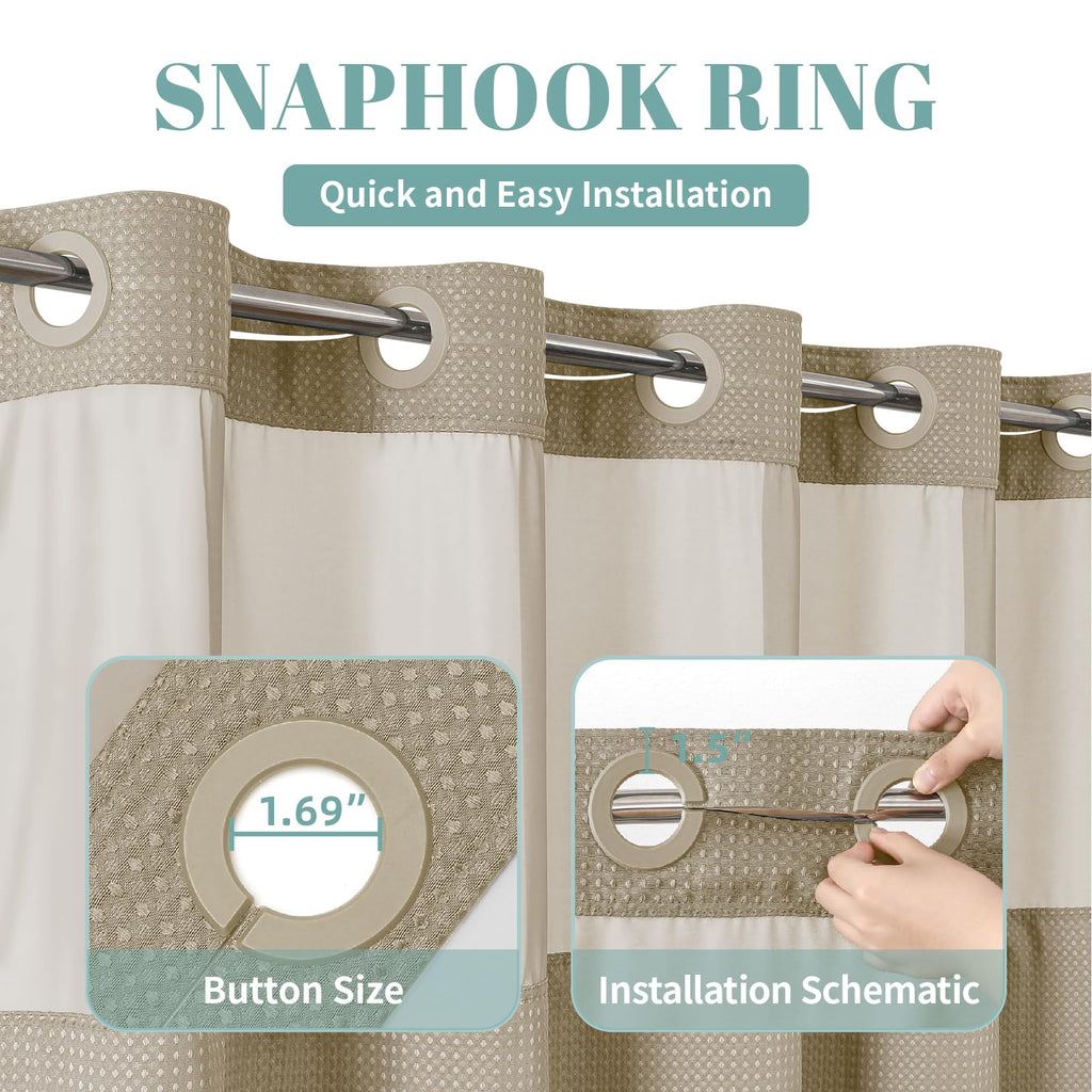 No Hook Waffle Shower Curtain with Snap-in Liner, 71x80 Inch, Khaki
