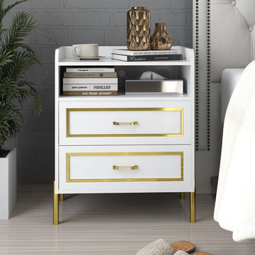 30" Tall White Nightstand, Bed Side Table with Gold Color Trim and Legs, 2 Drawers and Open Storage Shelf End Table