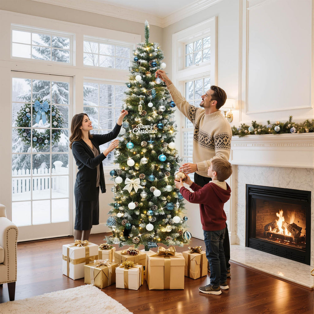 7.5ft Prelit Pencil Christmas Tree w/Pine Cones Decor Remote Control