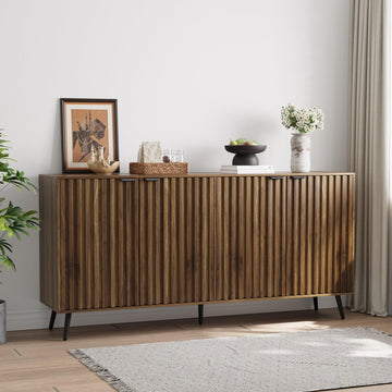 Walnut Buffet Cabinet with Storage, Large Sideboard Cabinet with 4 Fluted Doors and Metal Legs, Storage Cabinet with