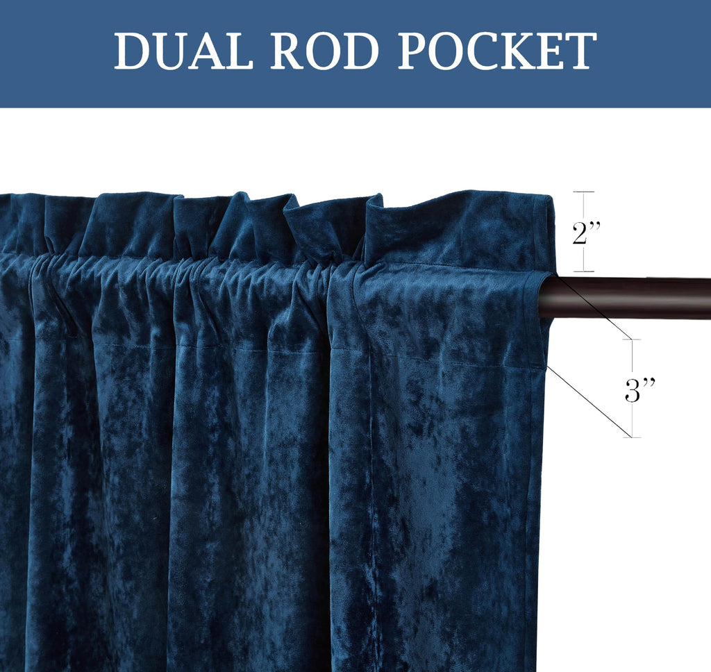 Lux Navy Blue Crushed Velvet Curtains 2 Panel Set - 84 inches Long Room Darkening Luxury Distressed Velvet Rod Pocket