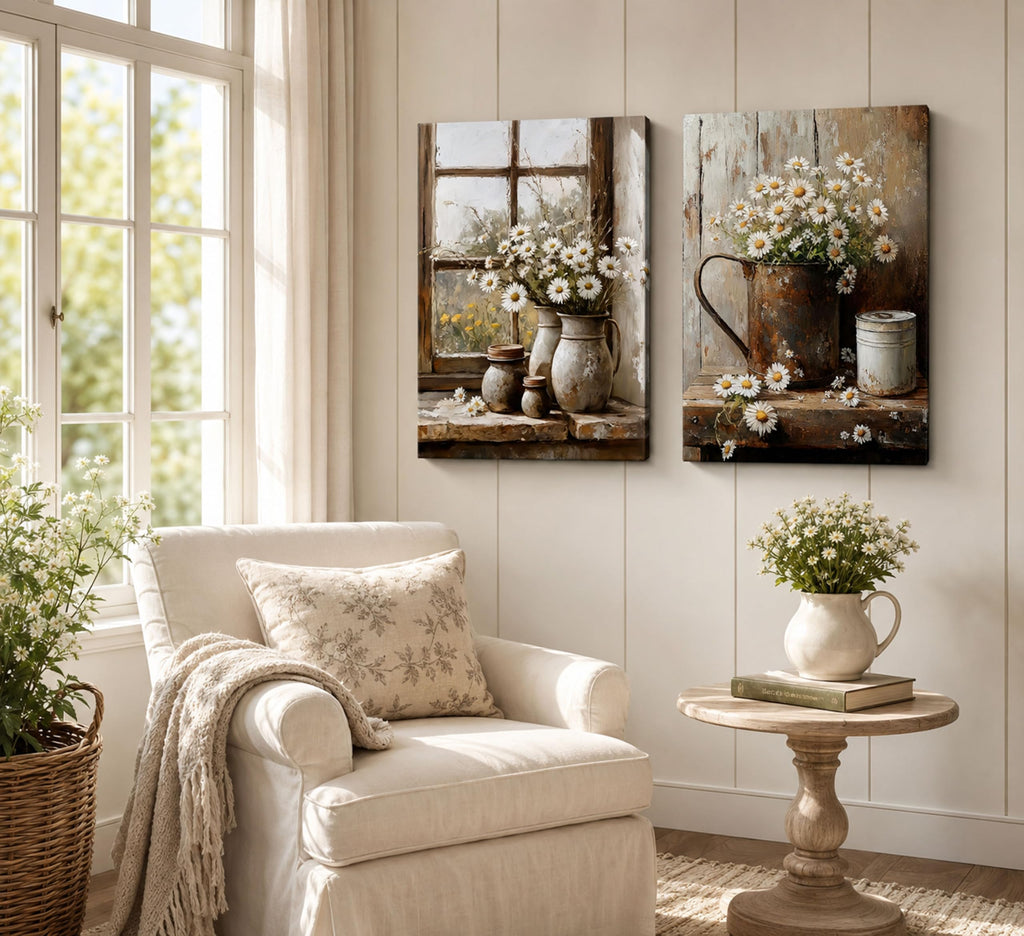 2Pcs Farmhouse Daisy Wall Art Country Bathroom Wall Decor