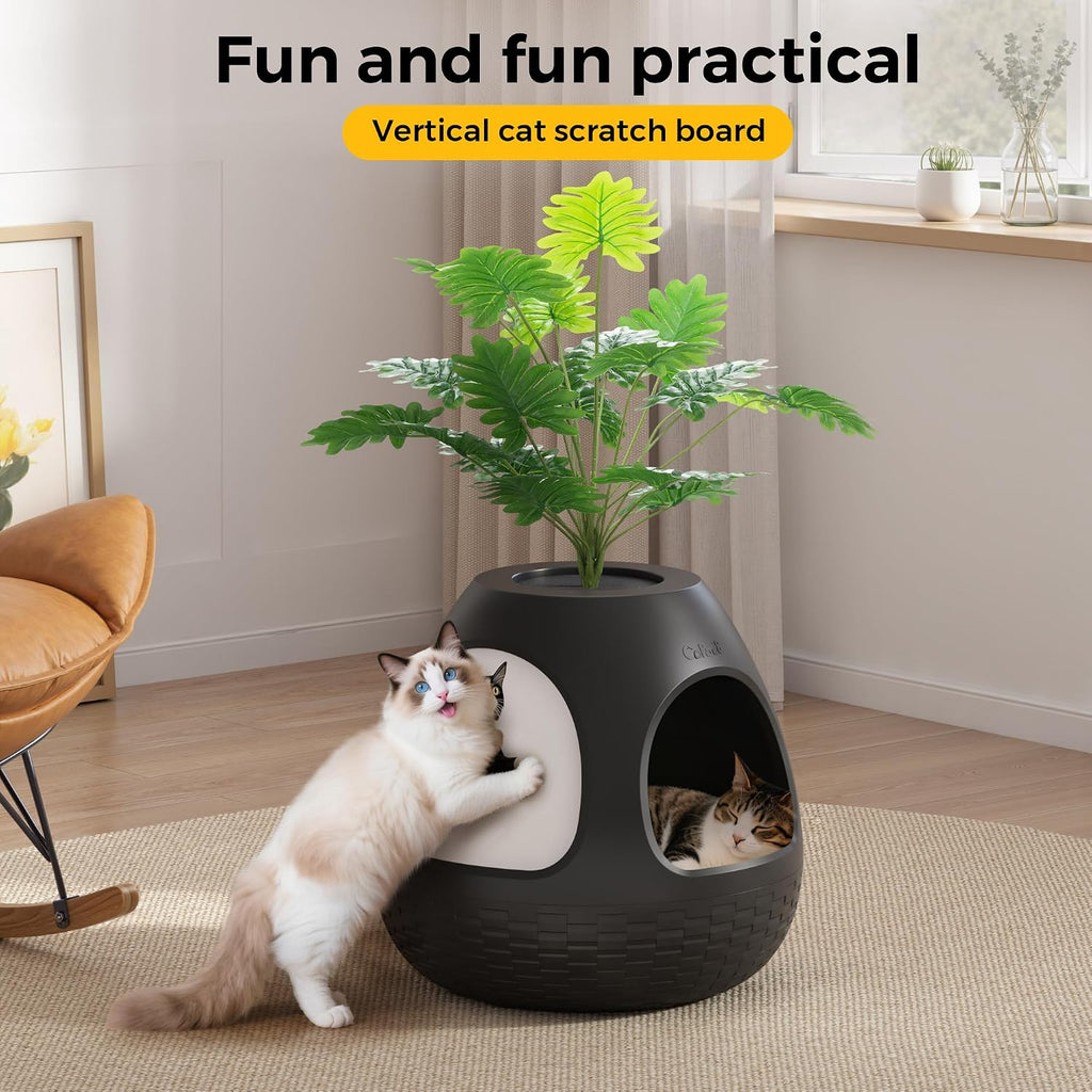 Eggloa6 Plant Litter Box, Hidden Cat Litter Box with Artificial Plants Soft Cushion Cat Bed, 8 Scratching Boards