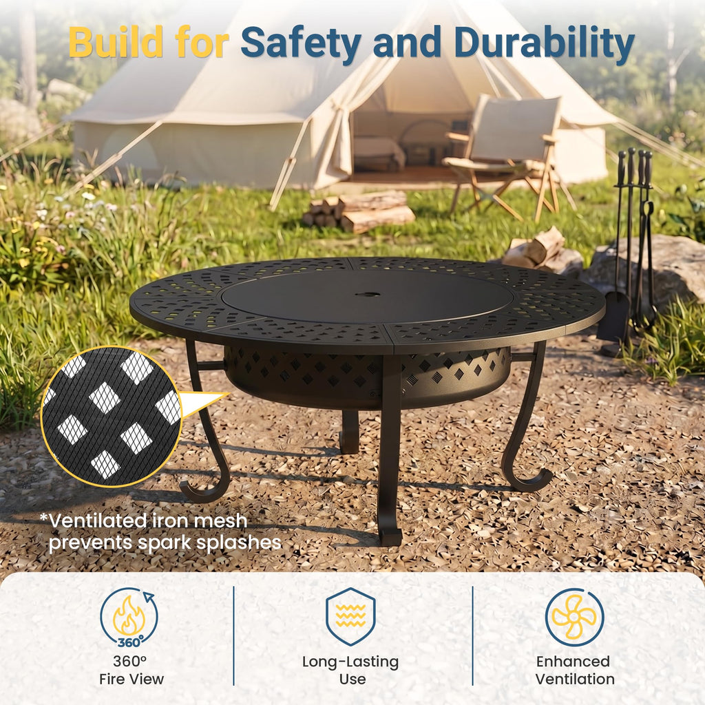 48" Large Fire Pit for Outside with 2 Adjustable Grills, Lid & Fire Poker