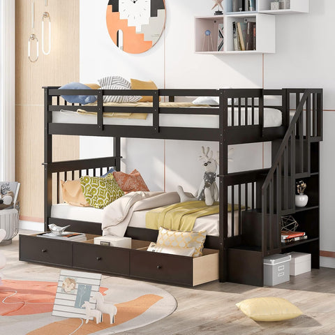 Wood Twin Over Twin Bunk Bed with Drawers and Stairs