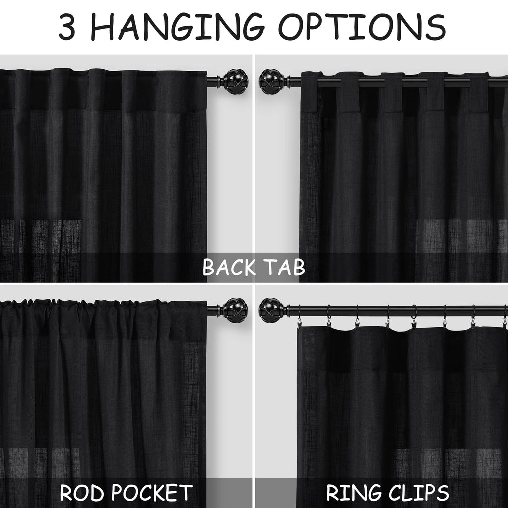 Black Linen Sheer Curtains 54 Inch Length 2 Panel Set Back Tab Pocket Semi Sheer Light Filtering Short Curtain Soft