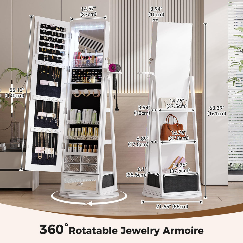 Jewelry Cabinet with LED Mirror, 360° Swivel & Remote Control, White