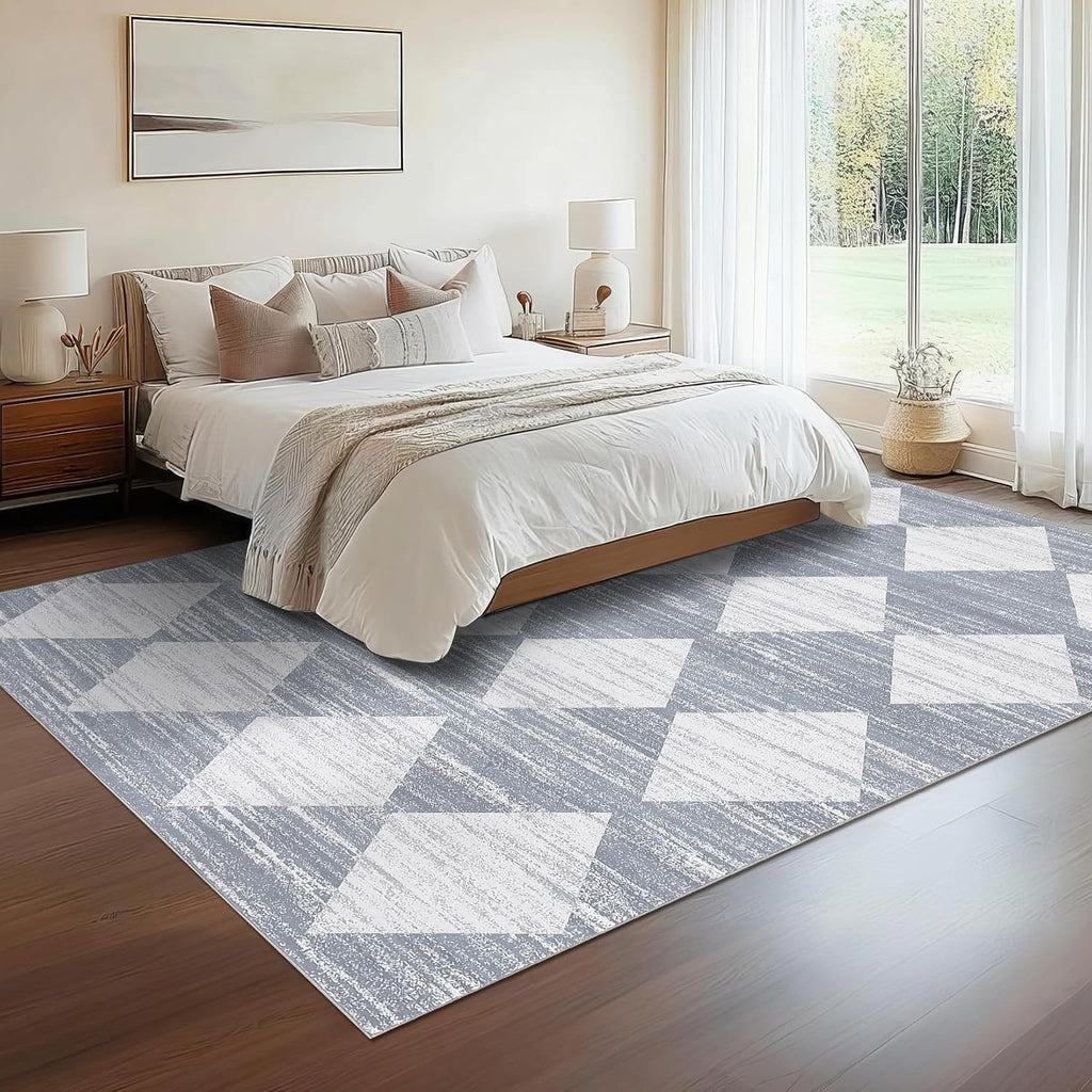 Washable Area Rug, Geometric Checkered Carpet, Neutral Soft Nursery Area Rug, Non Slip Stain Resistant