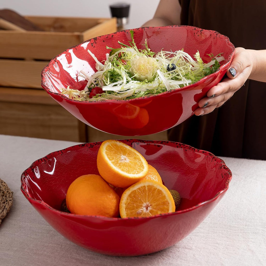 Rustic Crackle Melamine Serving Bowls, 130 OZ and 12 inches Waved Rim Salad Bowl,Unbreakable Pasta Bowls and Mixing