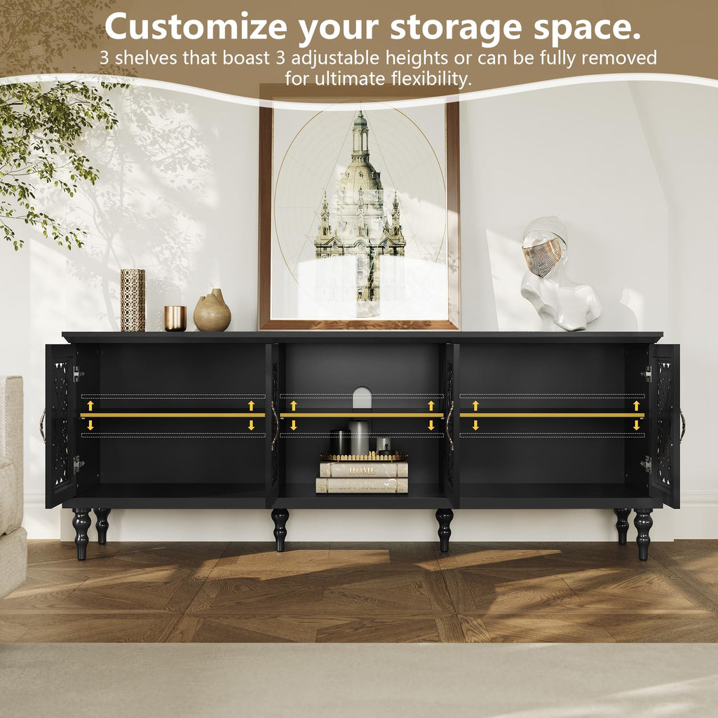 67" Retro TV Stand with Hollow Carved Doors, Black