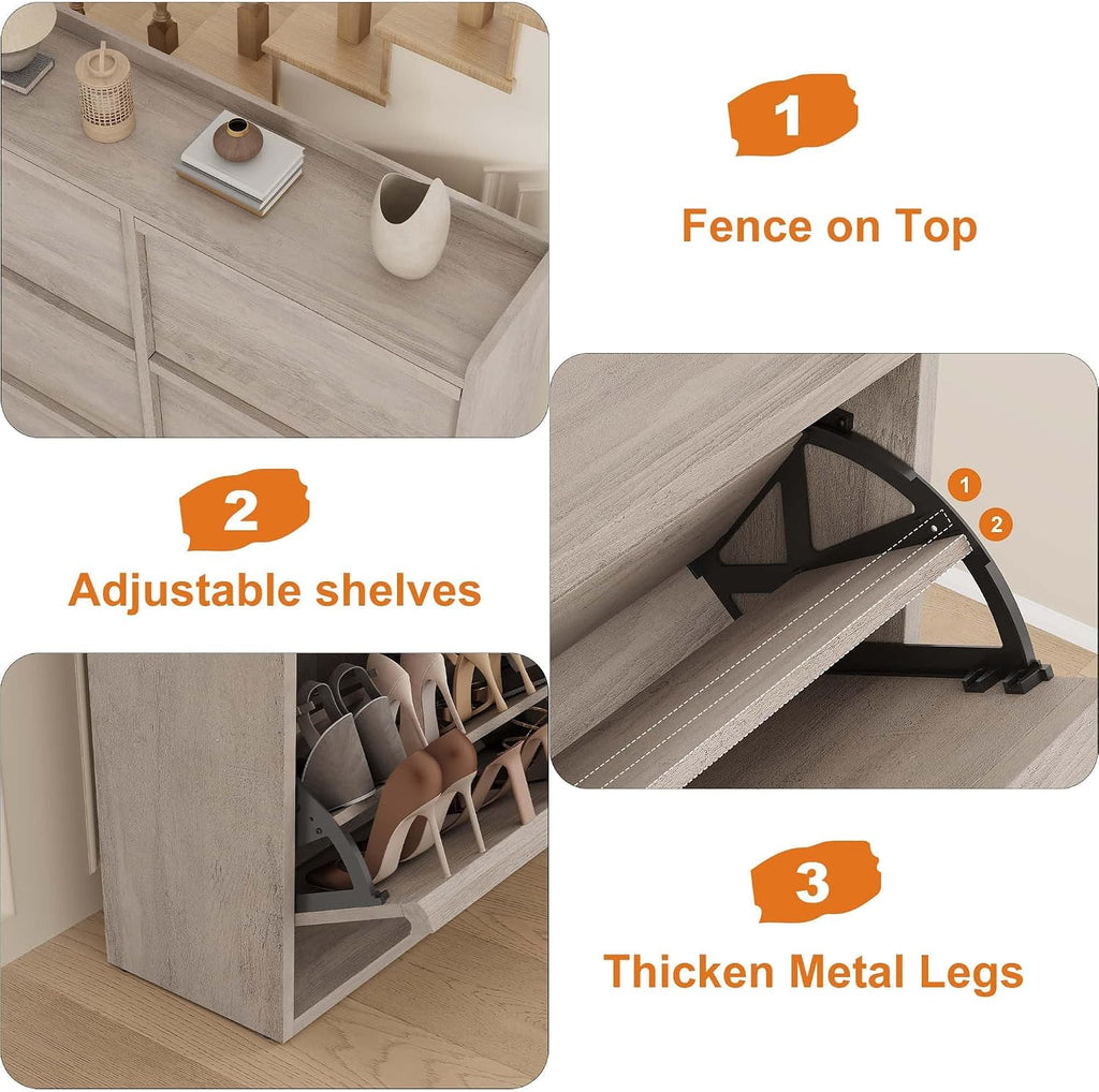 Shoe Cabinet, 6 Flip Drawers, Narrow Freestanding Shoe Organizer with Adjustable and Removable Shelves, Modern Wooden