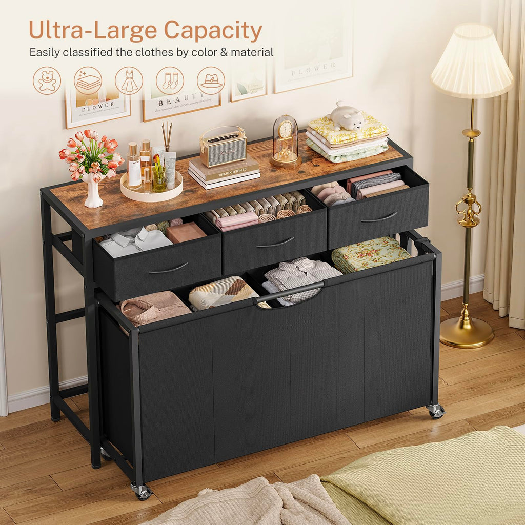 Sorter, Rolling Laundry Hamper with 4 Section Pull-Out Bags, 300L Large Laundry Basket Organizer with 3 Drawers