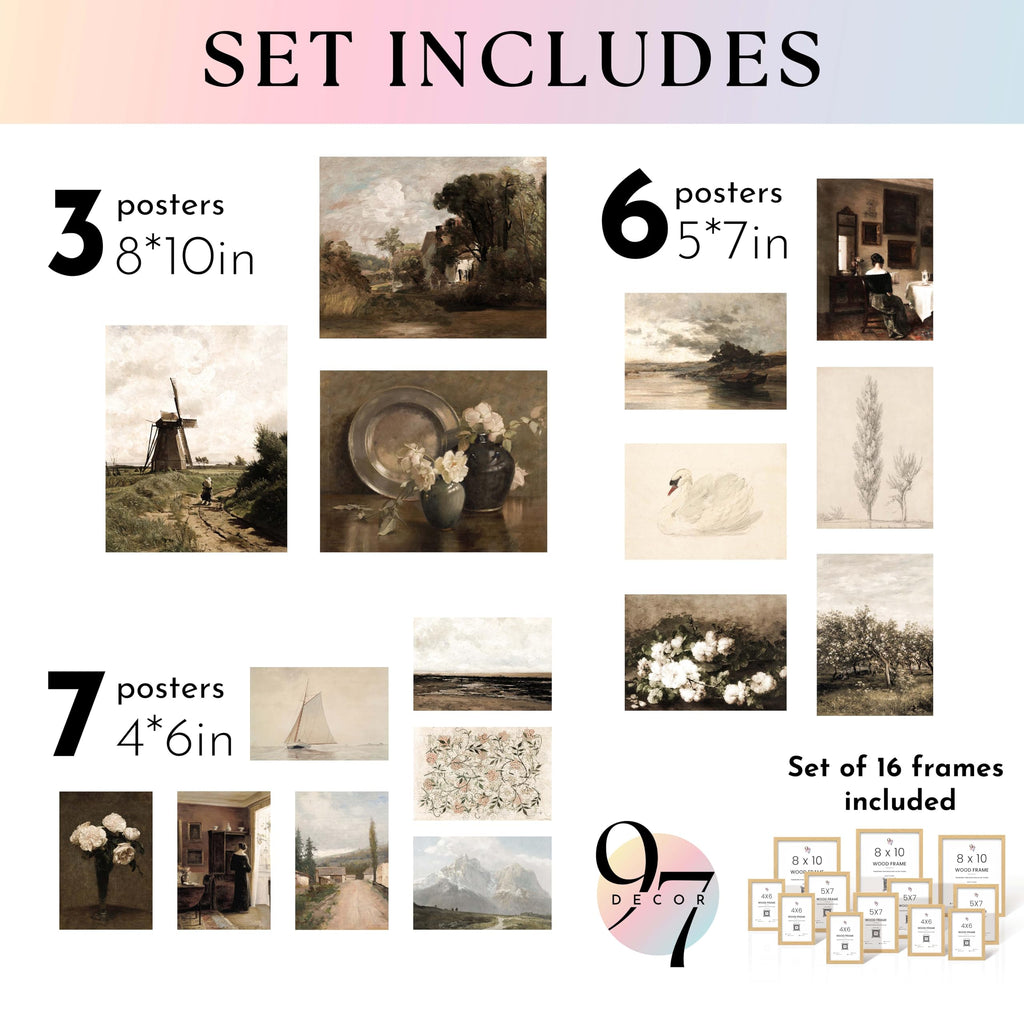 Framed Vintage Wall Art, 16 Botanical Prints, Beige Frame