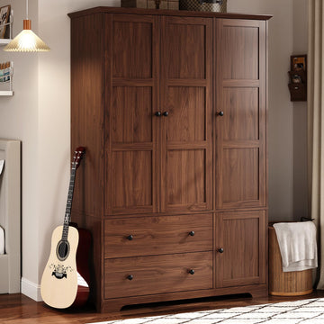 3 Doors Wooden Wardrobe Closet, Large Capacity Bedroom Armoires