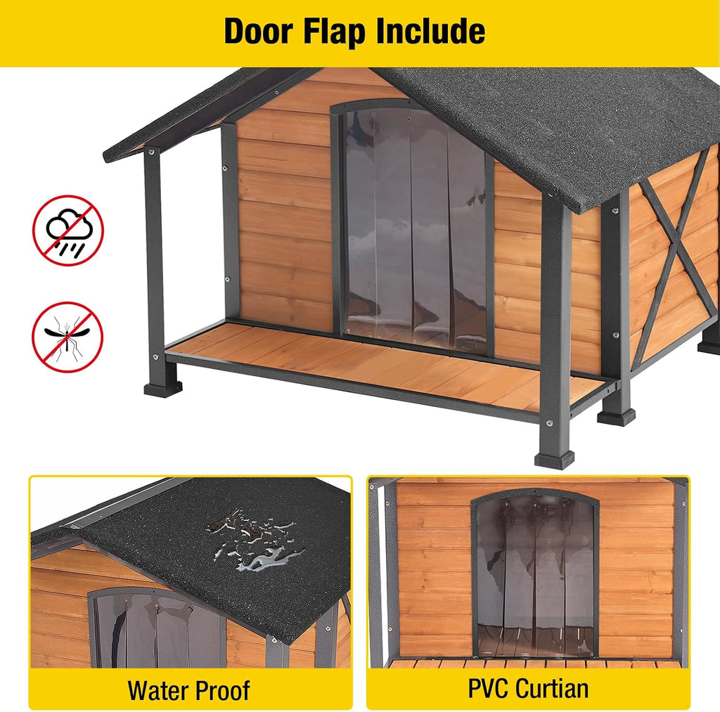 Dog House with Anti-Chewing Metal Frame Outdoor Large Wooden Dog Kennel Outside with Overhang Roof Large Porch