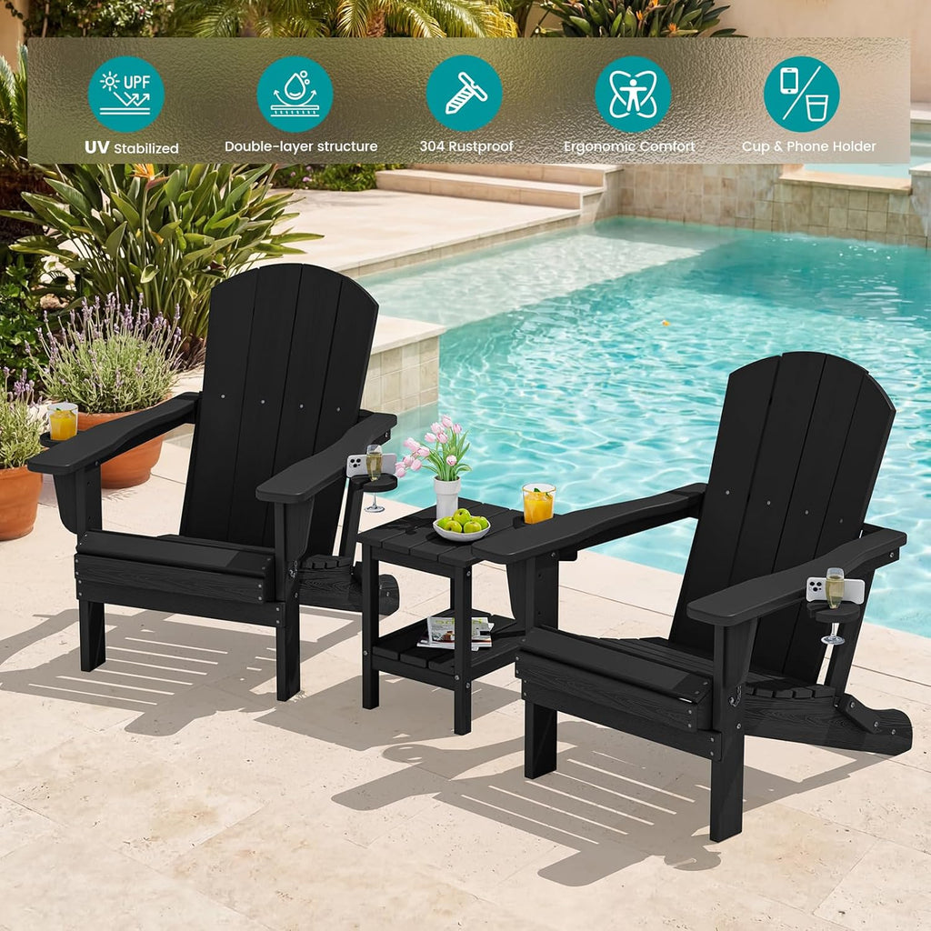 Outdoor Adirondack Chair Set of 2 with 2 Cup Holders,Foldable,Black | HDPE Composite,Waterproof,Wood Grain,Cup &
