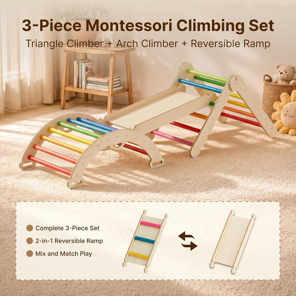 Pikler Triangle Set, Wooden Montessori Climbing Toys for 1-3 Year Old, Foldable in-1 Toddler Baby Indoor Play Gym