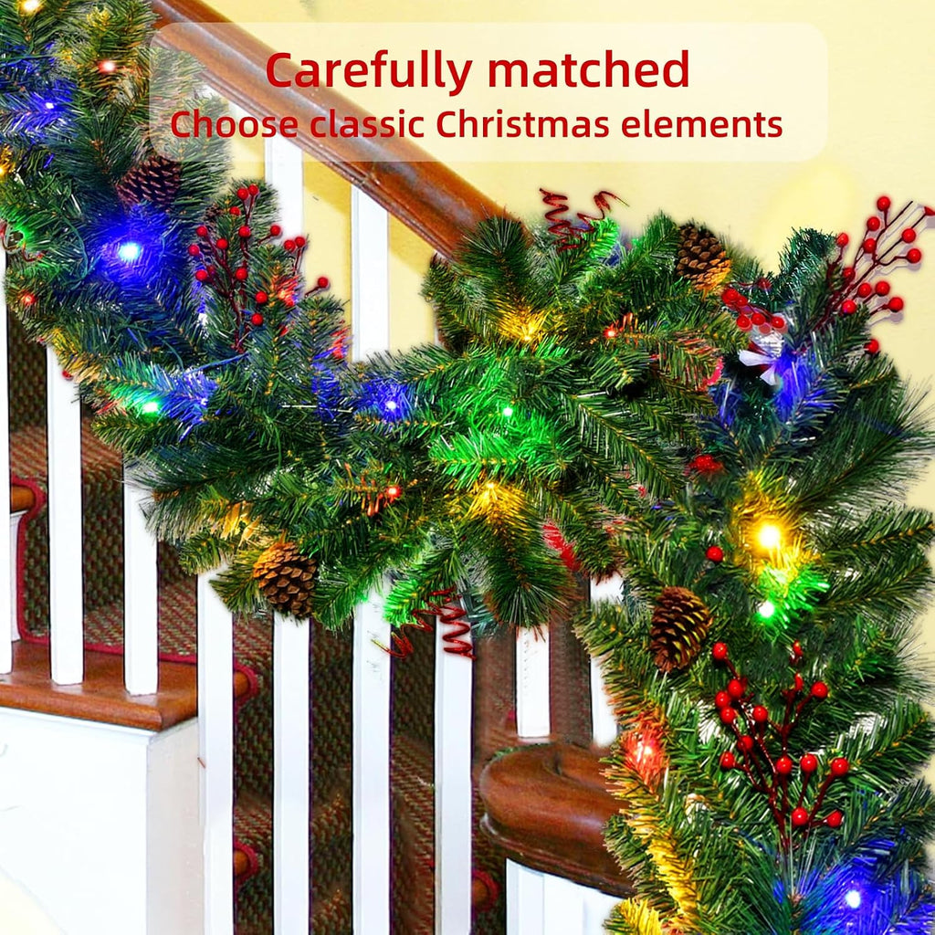 Christmas Garland with Lights 9FT, Lighted Christmas Garland Battery Powered 8 Lighting Modes, 50 LED Lights Garland