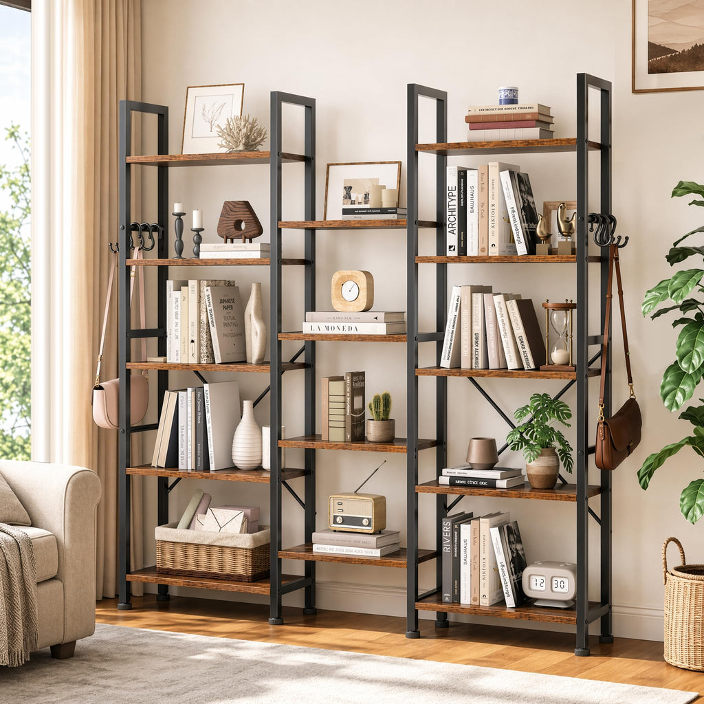 Triple 5 Tier Bookshelf with 14 Display Shelves, Rustic Brown