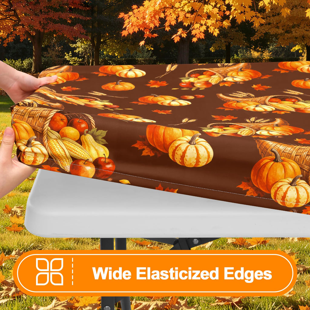 2 Pack Fall Rectangle Table Cloth 6 Foot, Waterproof Elastic Fitted Tablecloths, Windproof Washable Polyester Table