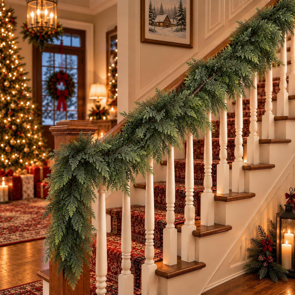 9 Ft Christmas Cedar Garland, Real Touch Faux Pine for Mantle & Fireplace