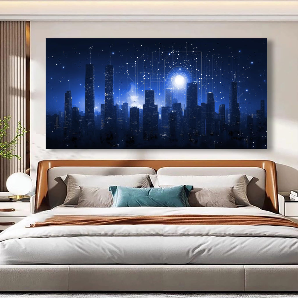 Night Stars City Wall Bedroom Wall Decor Living Room, Night Tall Buildings Canvas Wall Office Farmhouse Paintings