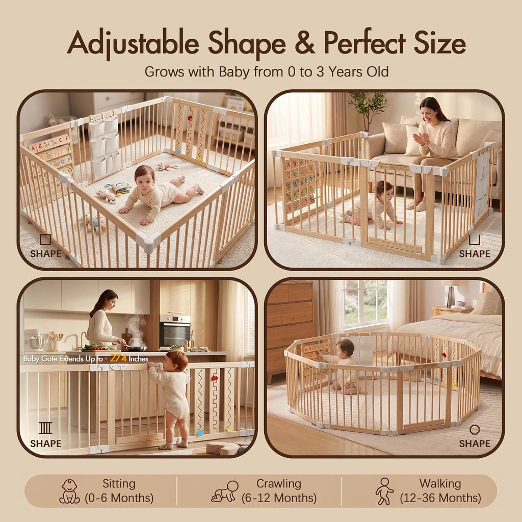 Adjustable 10-Panel Wooden Baby Playpen, 82x55x24 in | Natural Wood Play Pen, Foldable Design with Child Safety Lock