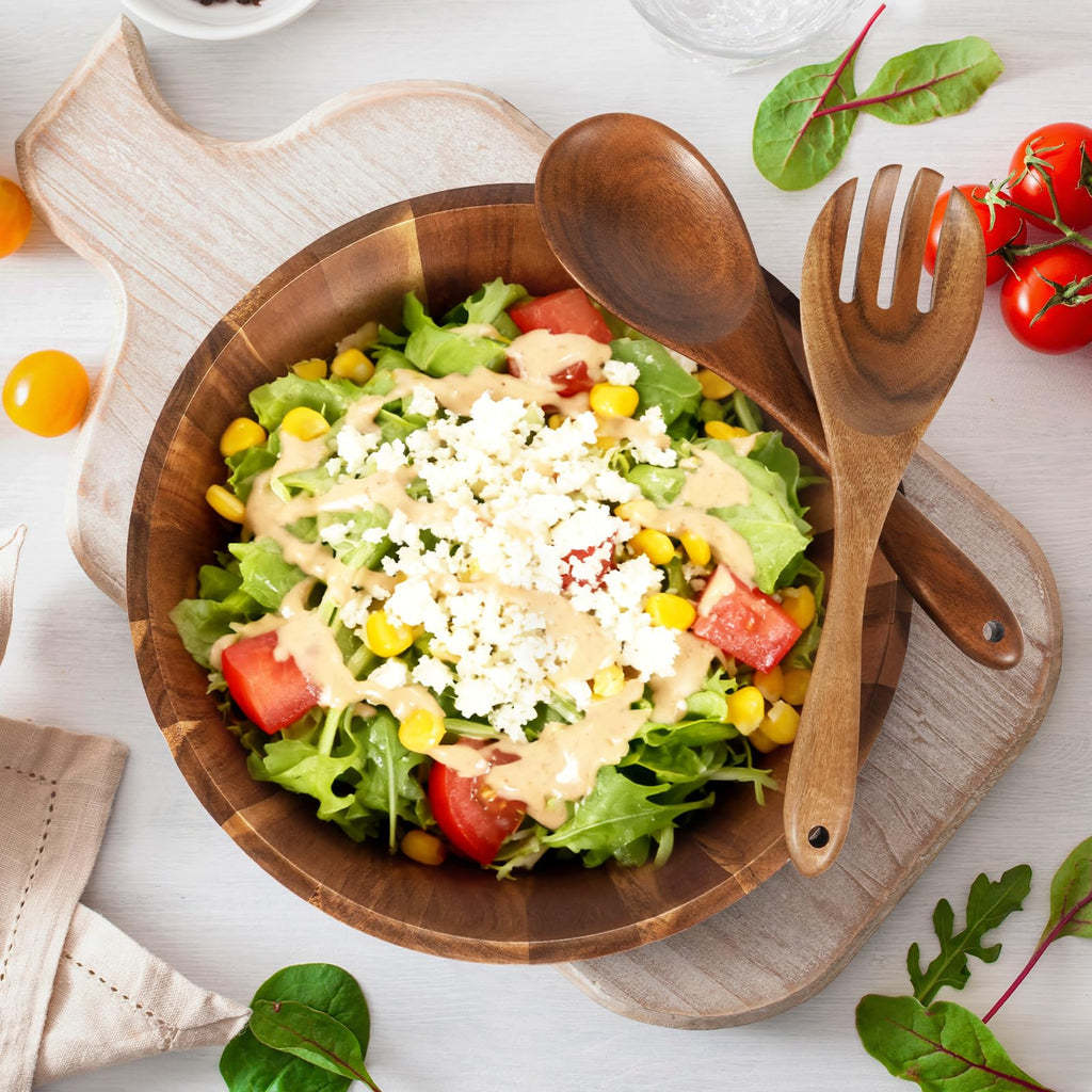 Wooden Salad Bowl Set 11.8 Inch - Acacia Large Wood Salad Bowl with Wooden Serving Utensils, Big Salad Bowls