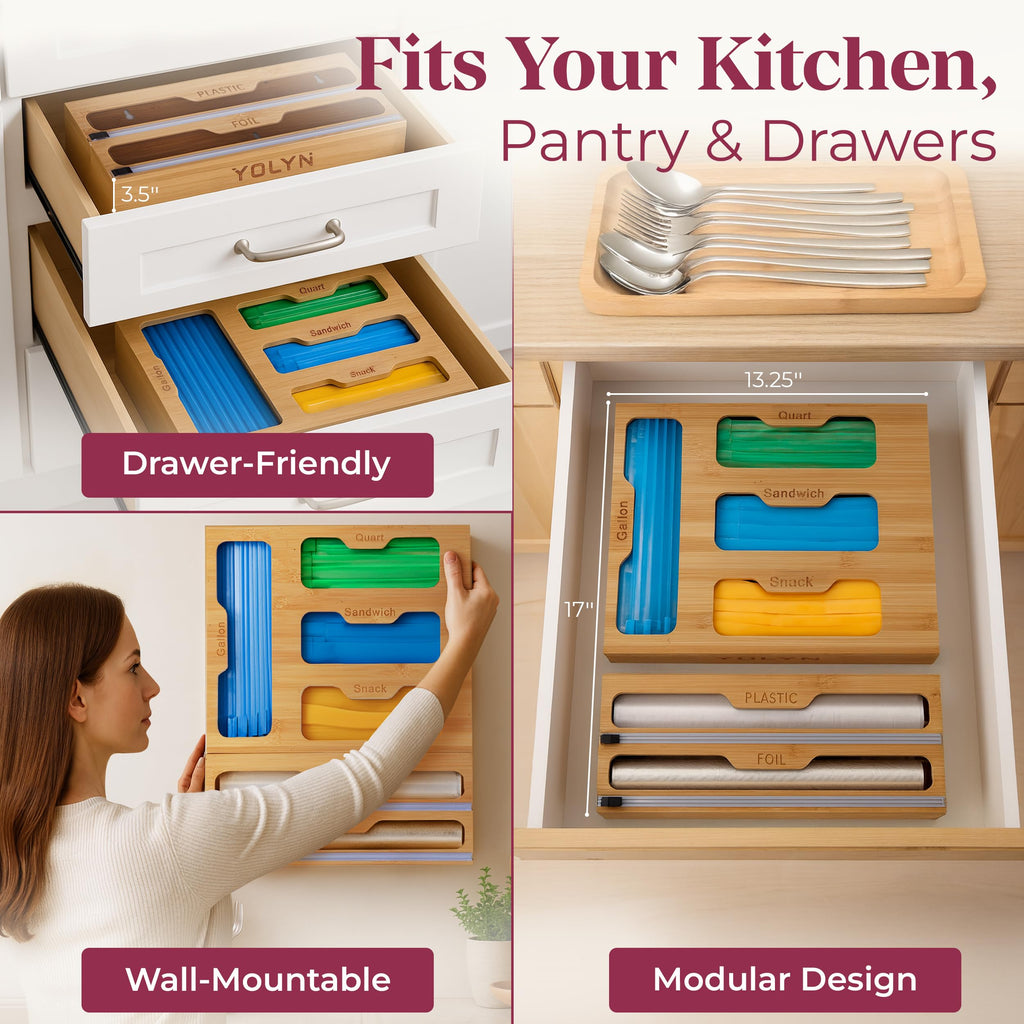 Bamboo Food Storage Bag Organizer for Drawer with Foil & Plastic Wrap Dispenser - Premium Detachable Kitchen