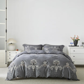 Grey Boho Damask Duvet Cover King 100% Egyptian Cotton 3 Pcs Set