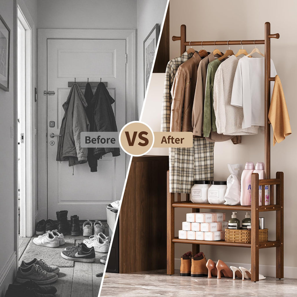 Solid Wood Clothing Rack with Shelves - Coat Rack Freestanding with 6 Hooks Load 450 Lbs, 3-in-1 Hall Tree for