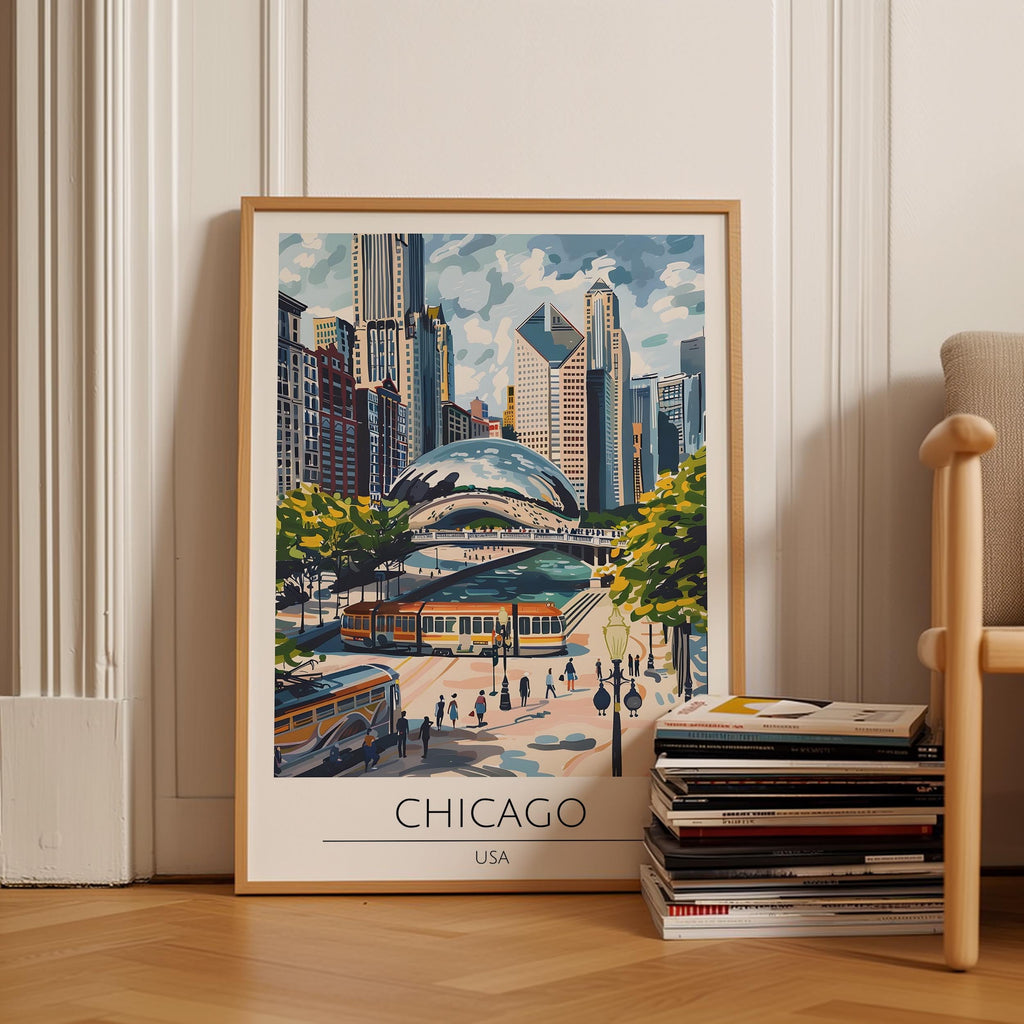 Chicago Travel Poster, Premium Giclee Fine Prints - Modern Watercolor Aesthetic Wall Decoration, Eclectic Trendy Boho