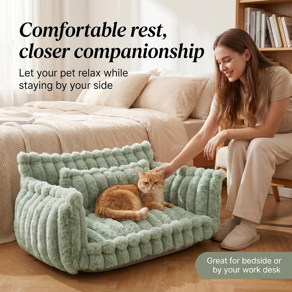 Fluffy Pet Couch Bed for Cats & Small Dogs, 3-Sided Bolster Calming Dog Sofa with Ultra-Soft Long Faux Fur, Removable