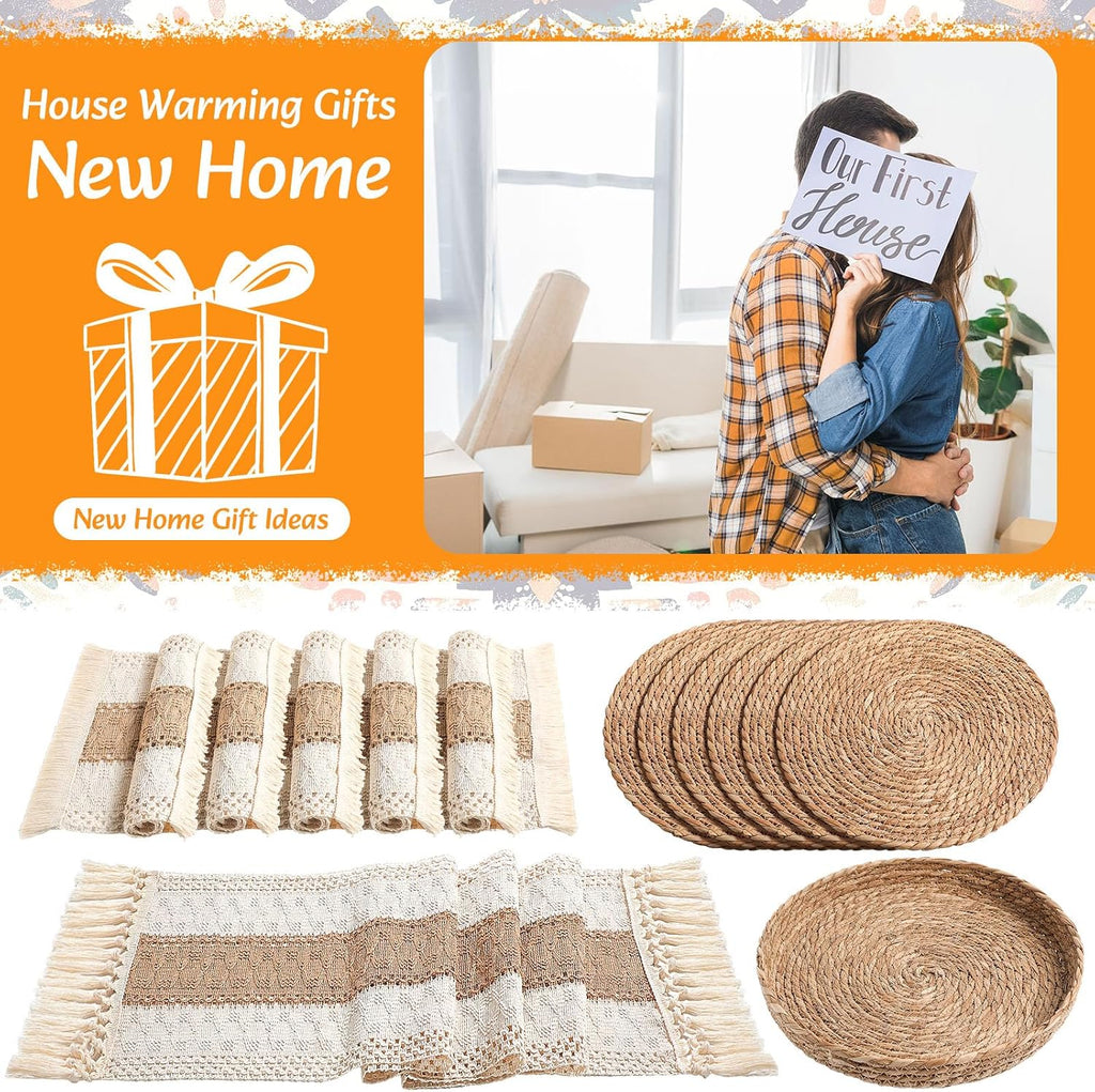 Boho Placemats 4/6/8 Set of Round Woven Placemat Macrame Style Bicolor Stitching Long Table Runner Farmhouse Rustic