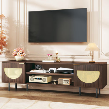 TV Stand for 55/60/65 inch TV, Modern Entertainment Center with Storage, Rattan TV Stands with 2 Cabinets &