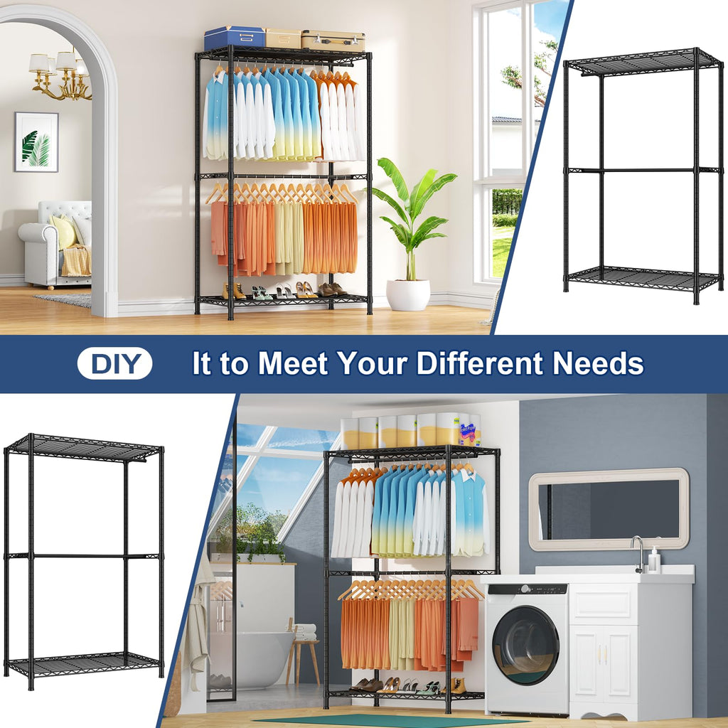 E12 Max Clothes Rack, Heavy Duty Freestanding Garment Rack with Shelves, Metal Clothing Closet Storage System for