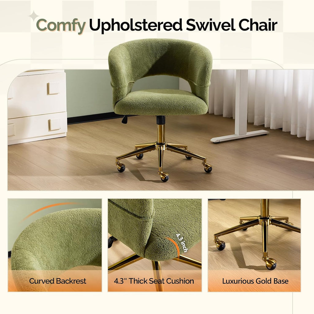Modern Curved Office & Vanity Desk Chair, Cute Upholstered Nail Chair with Wheels & 360° Swivel & Club & Tilting &
