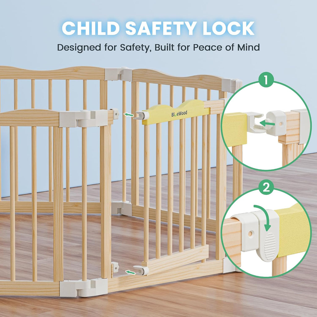 Foldable Wooden Playpen, Natural Pine, 55 x 55 x 24 inches | Adjustable Wood Baby Play Yard with Door, Indoor Large
