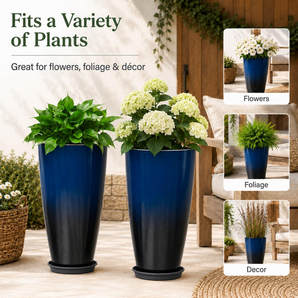 Set of 2 Tall Planter, 21 inch Large Plastic Planter, Dark Blue