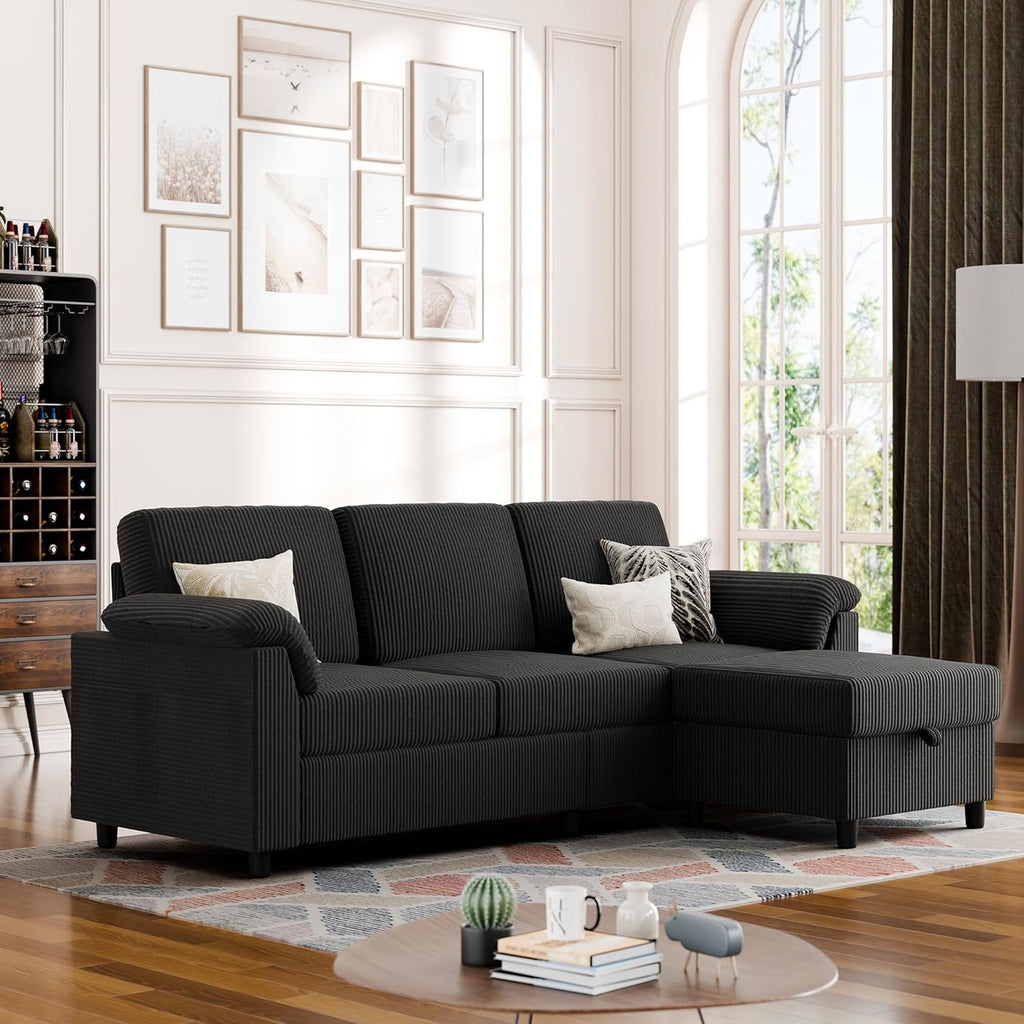 Convertible Sectional Couches, 3 Seat L Shaped Couch Sofa with Removable Pillows Soft Corduroy Fabric Small Couch Mid