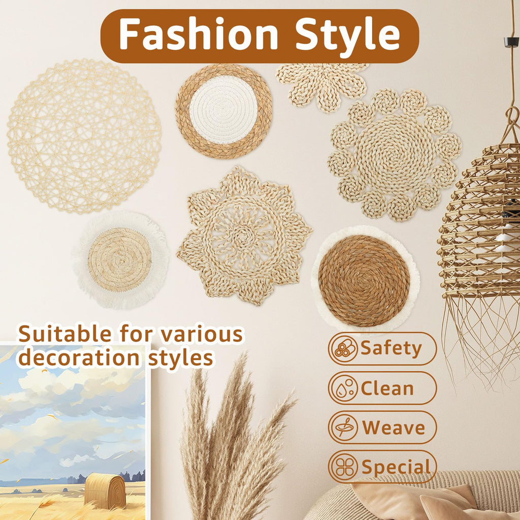 7Pack Boho Wall Basket Set Hanging Woven Wall Basket Decor Rattan Flat Round Wicker Wall Art Set Round Wall Art